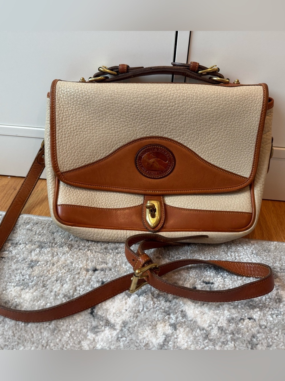 Dooney & Bourke Cream and Brown Leather Satchel with Gold Hardware